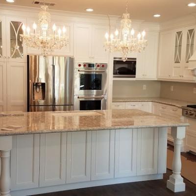 White Kitchen Cabinets with Island and Glass Doors